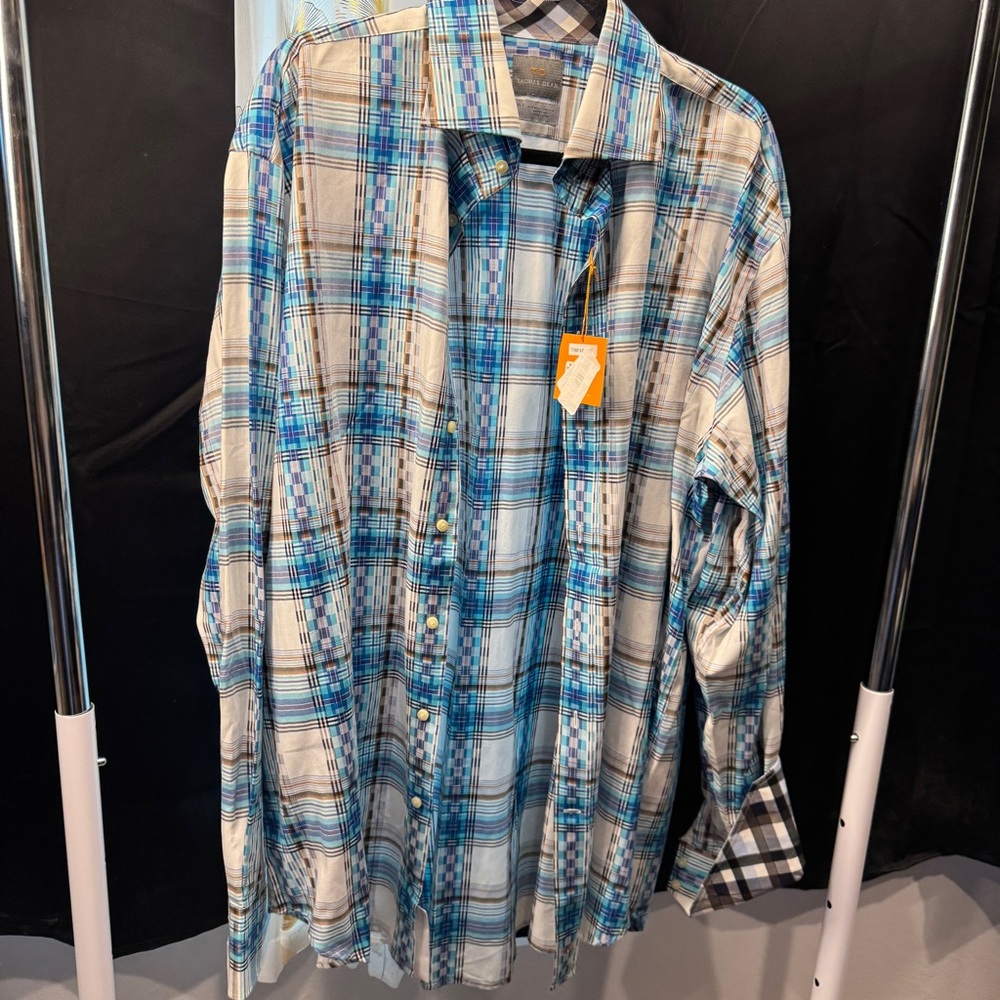 Thomas Dean Blue and White Plaid Button Down Shirt